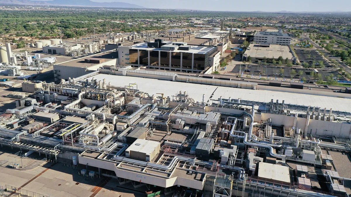 Aerial view of a semiconductor fabrication campus and its supporting utility infrastructure